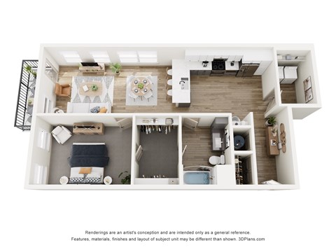 A 3D floor plan of a small apartment with a kitchen, living room, and bedroom.